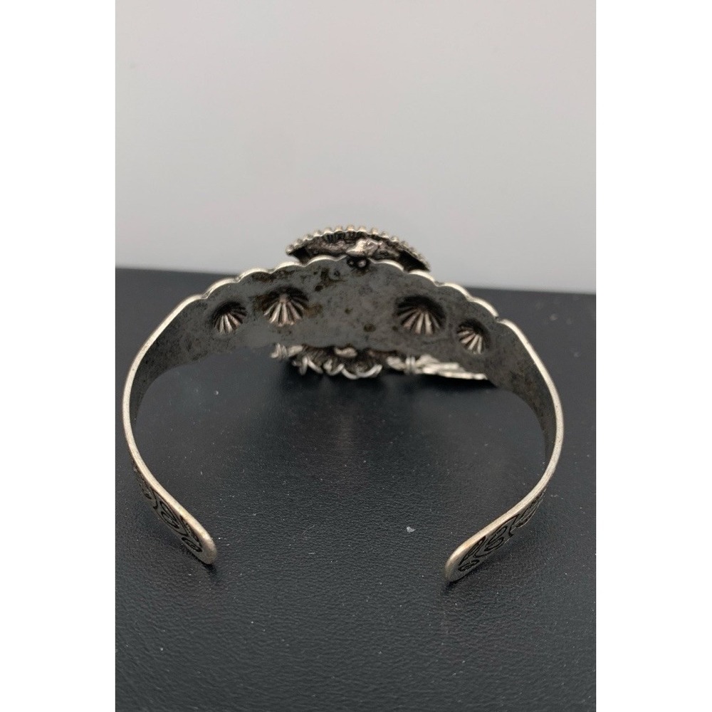 Silver Tone Etched Faux Turquoise Cuff Bangle Bracelet With Feather Dangles Boho - Picture 5 of 7